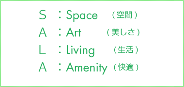 Ｓ：Space(空間)　Ａ：Art(美しさ)　Ｌ：Living(生活)　Ａ：Amenity(快適)
